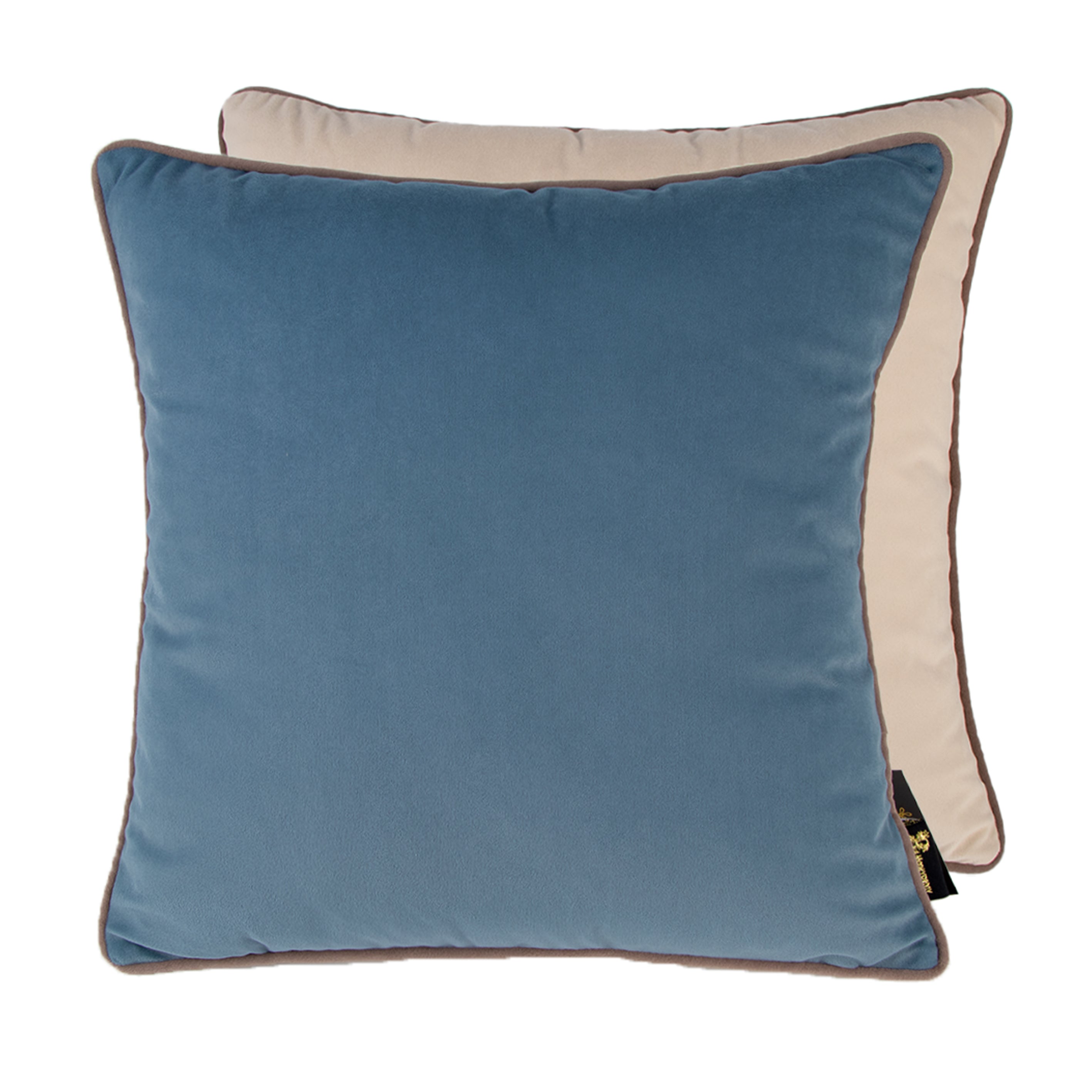 Malini Twofaced Velvet Blue/Champagne Taupe Piping Square Cushion
